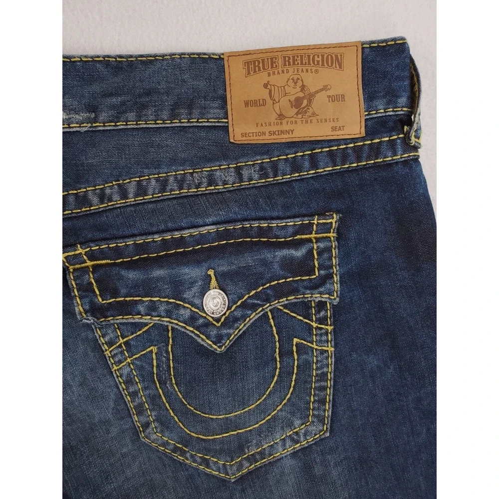 True Religion Jeans Mens 42x34 Skinny Flap Pocket Big T Y2K Hip Hop Thick Stitch